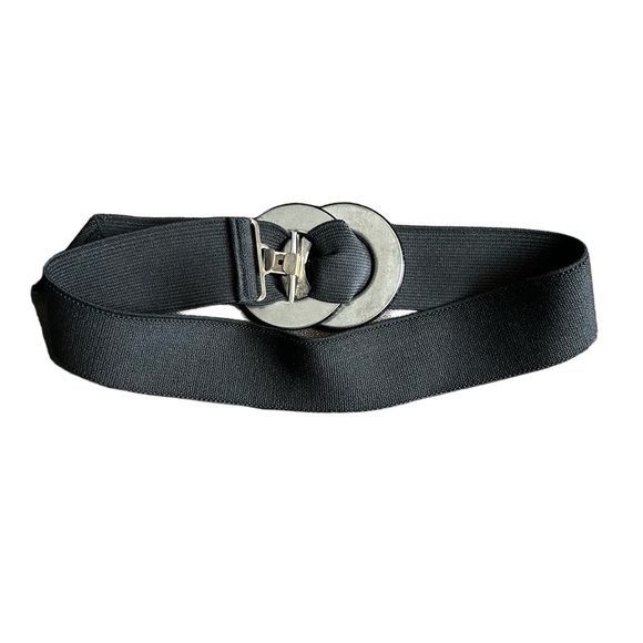 Wide Band Faux Snakeskin Buckle Black Stretch Belt - Picture 6 of 10